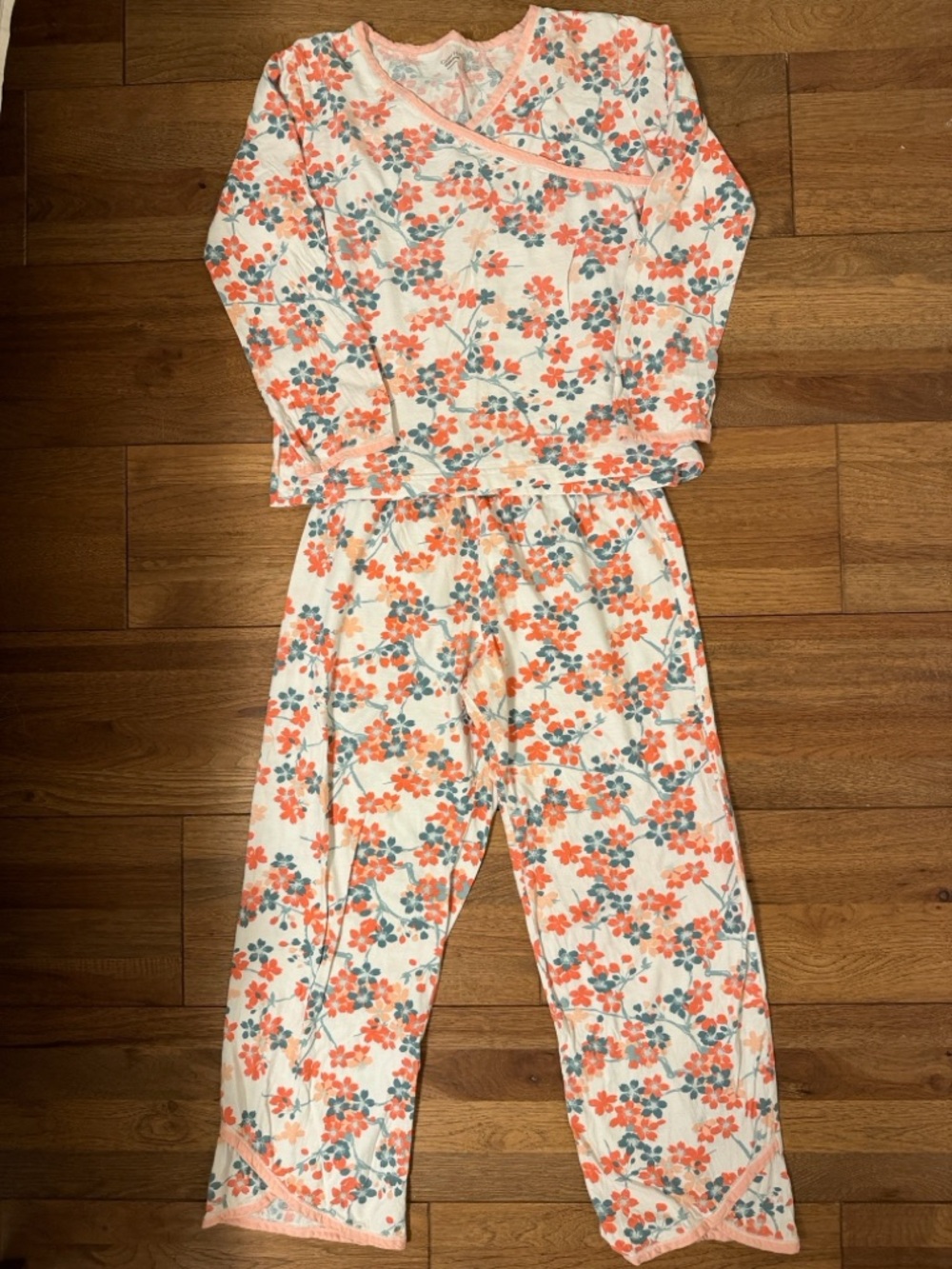 Garnet Hill Cream Floral Tee with Coral and Teal Accents